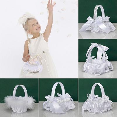 Anniversary Home Decor Rhinestone Wedding Flower Basket Flower Girl Basket Lace Pearl Romantic White