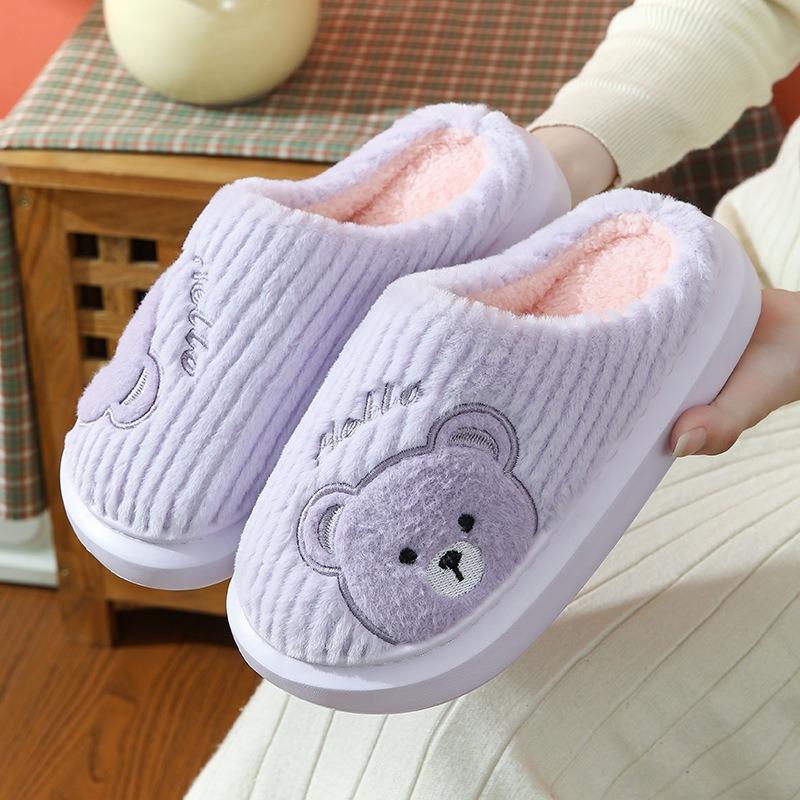Thick-bottomed cotton slippers New cartoon bear plush cotton drag couple autumn and winter home hair slippers women