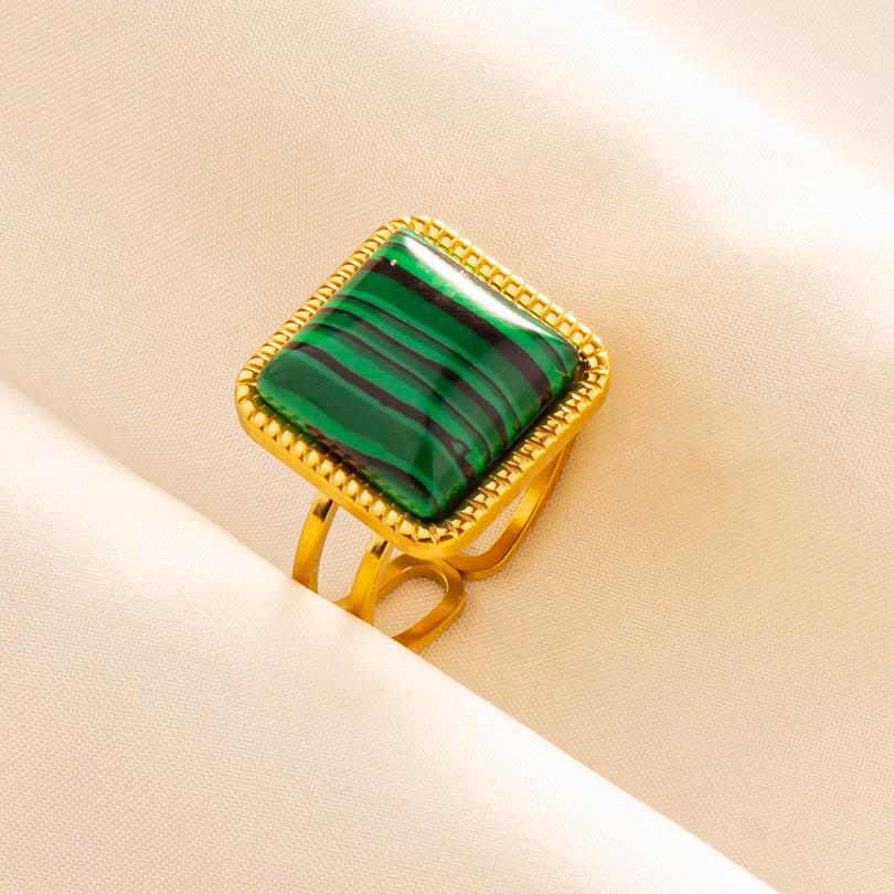 Green Striped Stone Vintage Gold Color Stainless Steel Open Adjustable Rings For Women Men Accessories Finger Jewelry Sun Flower