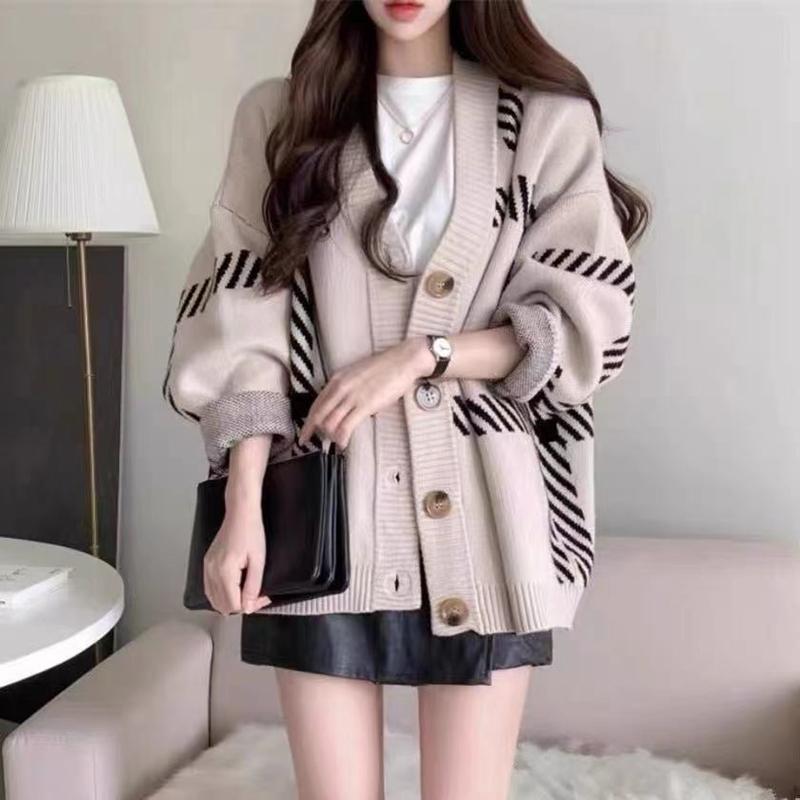 New Black Striped Knitted Cardigan Women Sweater V Neck Spring and Autumn Korean Version Loose Simple Tops Long Sleeve Jacket Casual Office Coats
