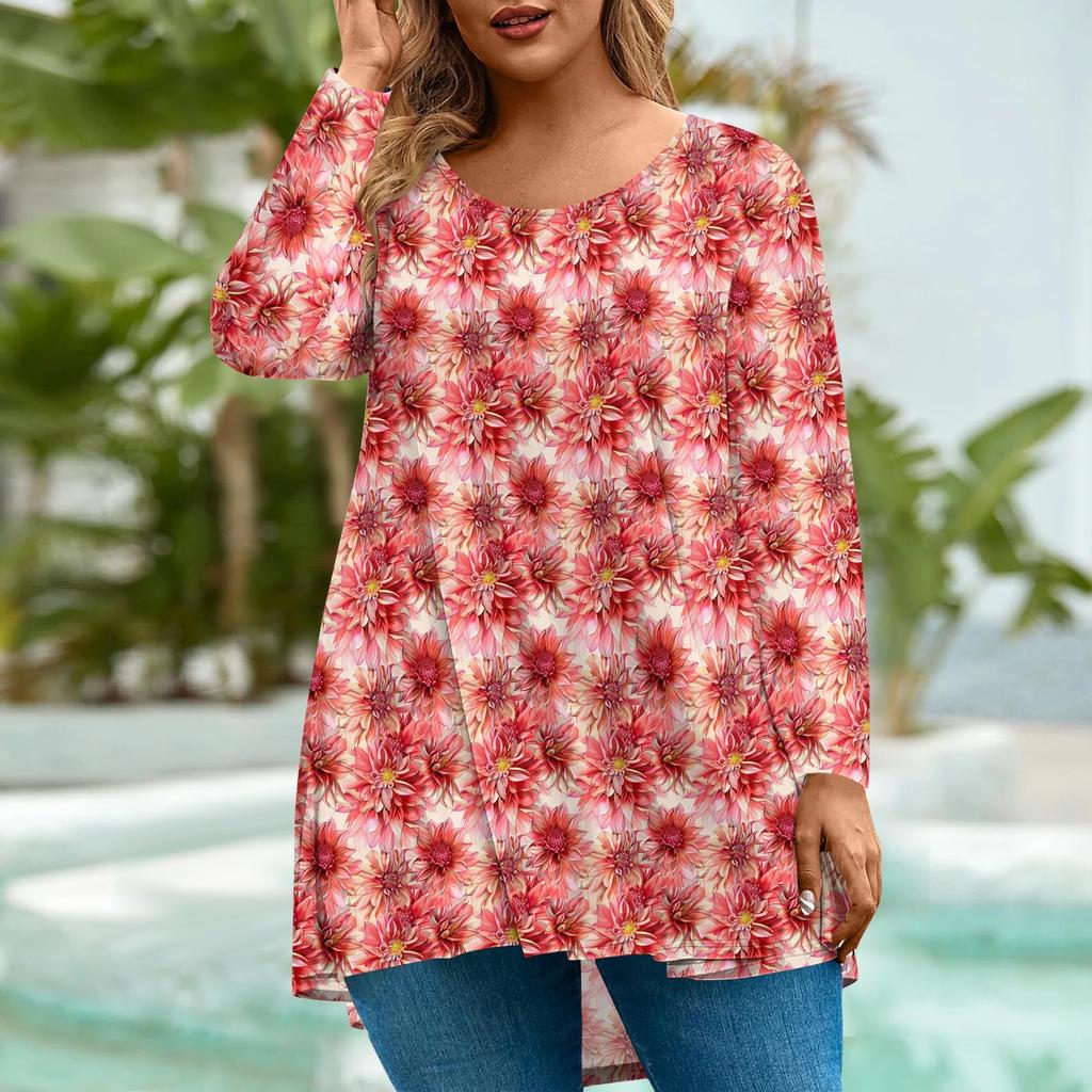 Women's Fashion Large Size Round Neck Long Sleeve Casual Print Loose Pullover Top