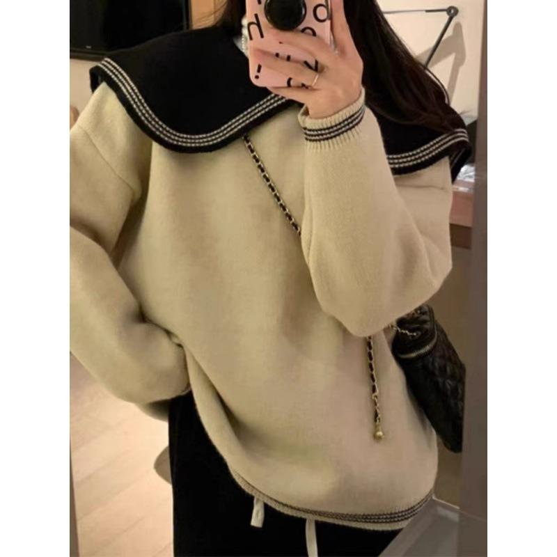 Contrasting Color Doll Collar Sweater Female Spring and Autumn Small Lazy Wind Loose Soft Waxy Sweet Thickened Knitted Top