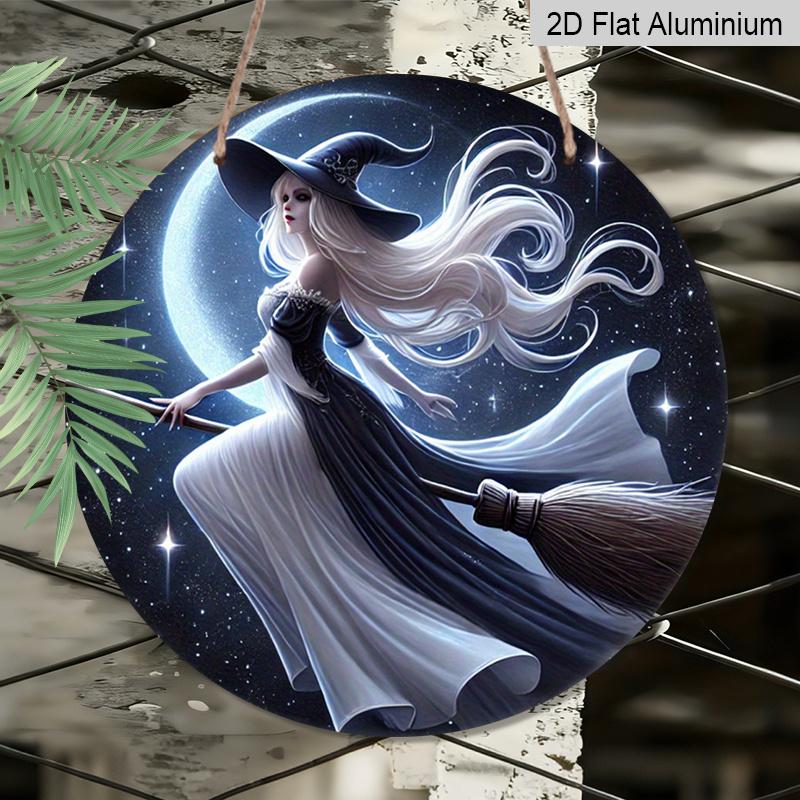 2D Flat 1pc, Printed Round Aluminum Metal Signage - Witch On a Broomstick, 8x8 In, Suitable for Door Decoration, Wall Decoration, Home, Room
