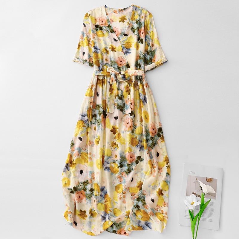 

Платье с короткими рукавами и цветочным принтом из хлопка и льна, женское, лето 2025, новая юбка с V-образным вырезом и принтом, платье для отдыха на море 2XL