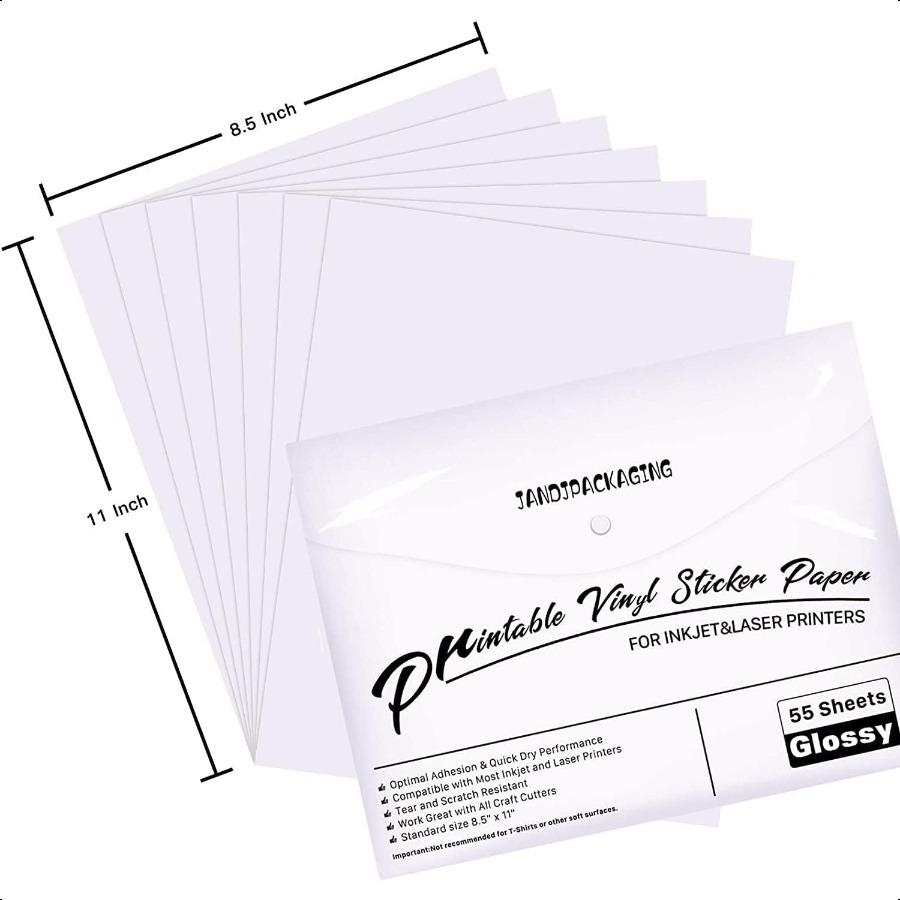Premium Printable Vinyl Sticker Paper for Inkjet and Laser Printer 55 Pack Glossy White Waterproof Inkjet Printable Vinyl 140 G