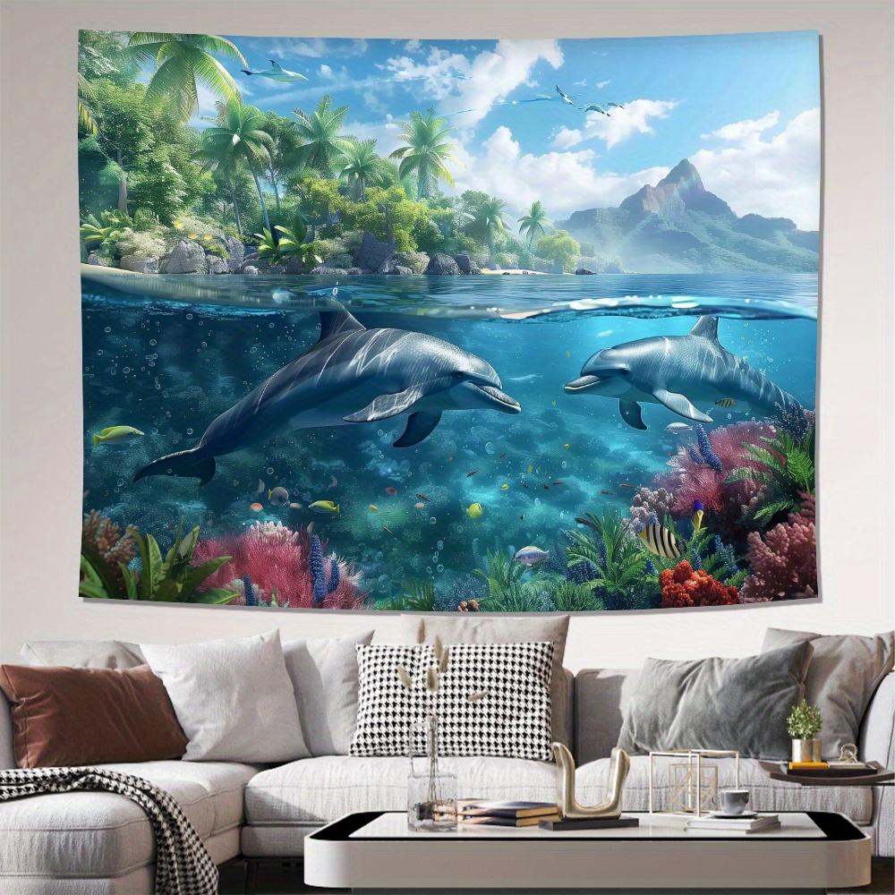 Tropical Beach Dolphin Wall Tapestry Woven Polyester Home Decor for Living Room Bedroom Office No Electricity Needed