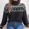 QICED Autumn and Winter Ethnic Style Retro Jacquard Lantern Sleeve Pullover High-neck Sweater Women's Clothing
