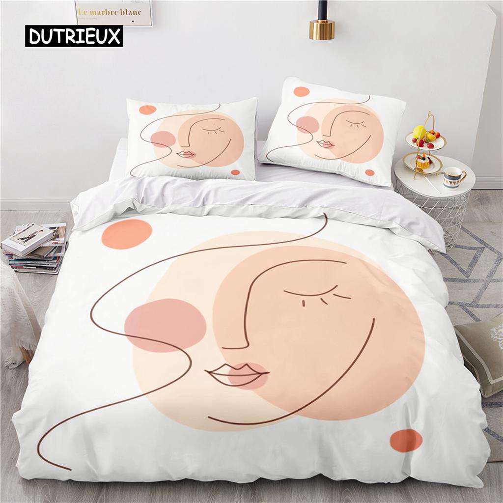 Frau Gesicht Linien Skizze Königin König Bettbezug Weibliches Porträt Rose Bettwäsche Set Einfache Striche Blume Polyester Bettdeckenbezug