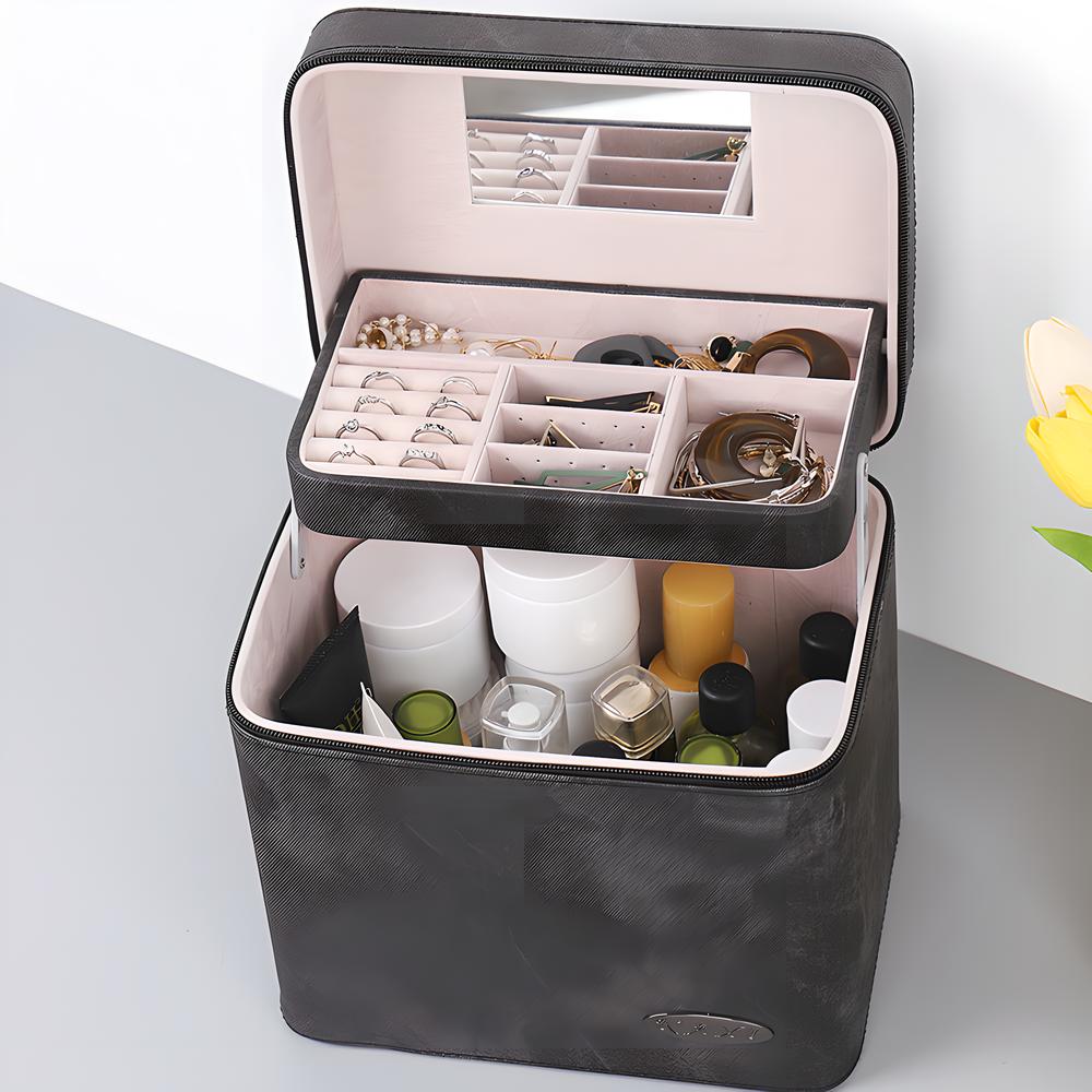 Large Capacity Cosmetic Box Pu Leather Waterproof Make-Up Case Lipstick Jewelry Organize Storage Multifunctional Box With Mirror
