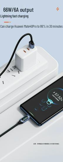 Toocki 66W Fast Charging USB-C Cable with Digital Display for Huawei, Honor, and Xiaomi.