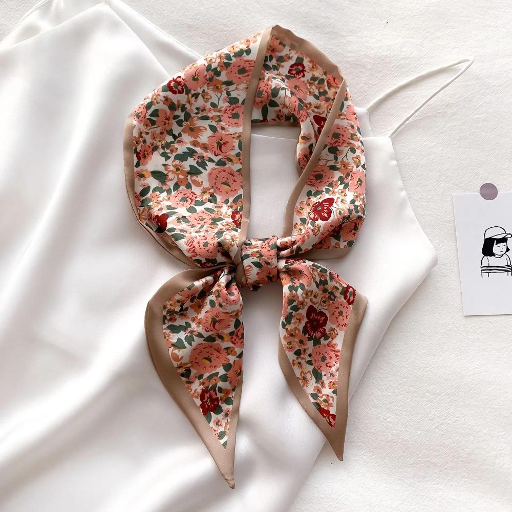 Summer Long Lady Bag Silk Scarf Floral Print Skinny Neck Hair Scarfs Women Band Headwear Handbag Tie Ribbons Handle Wraps Female