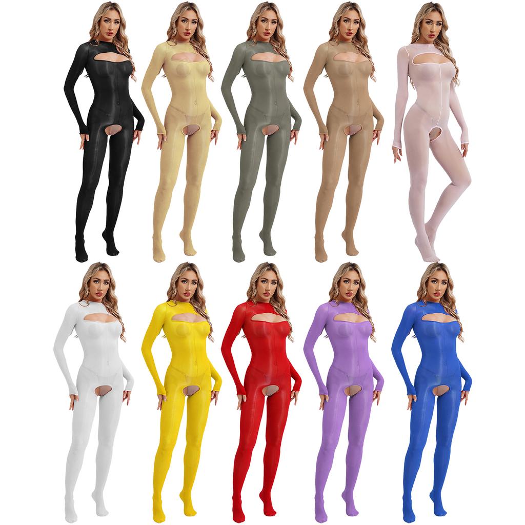 Womens Glossy See Through Long Sleeve Open Breast Crotchless Bodystocking