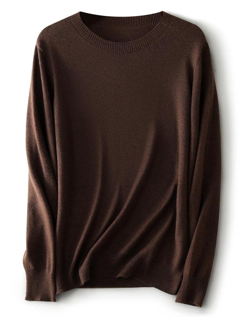 Women's Solid Color Wool Pullover Sweater - Round Neck, Long Sleeve, Versatile Base Layer Knitwear