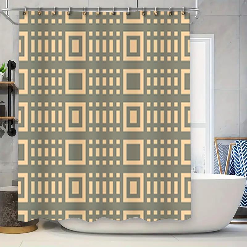 

Modern Geometric Bath Shower Curtain Decorative Waterproof Fabric Home Decoration For Bathroom Olive Beige Squares Design (180X2 W60H190(CM)-1 Pcs