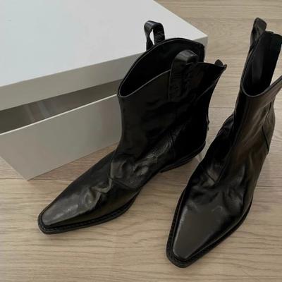 All Cowhide~ Genuine Leather Square Head Foreign Style Small Short Boots Women's Pleated Thick Heel High Heel Martin Boots Western Boots Thin Boots