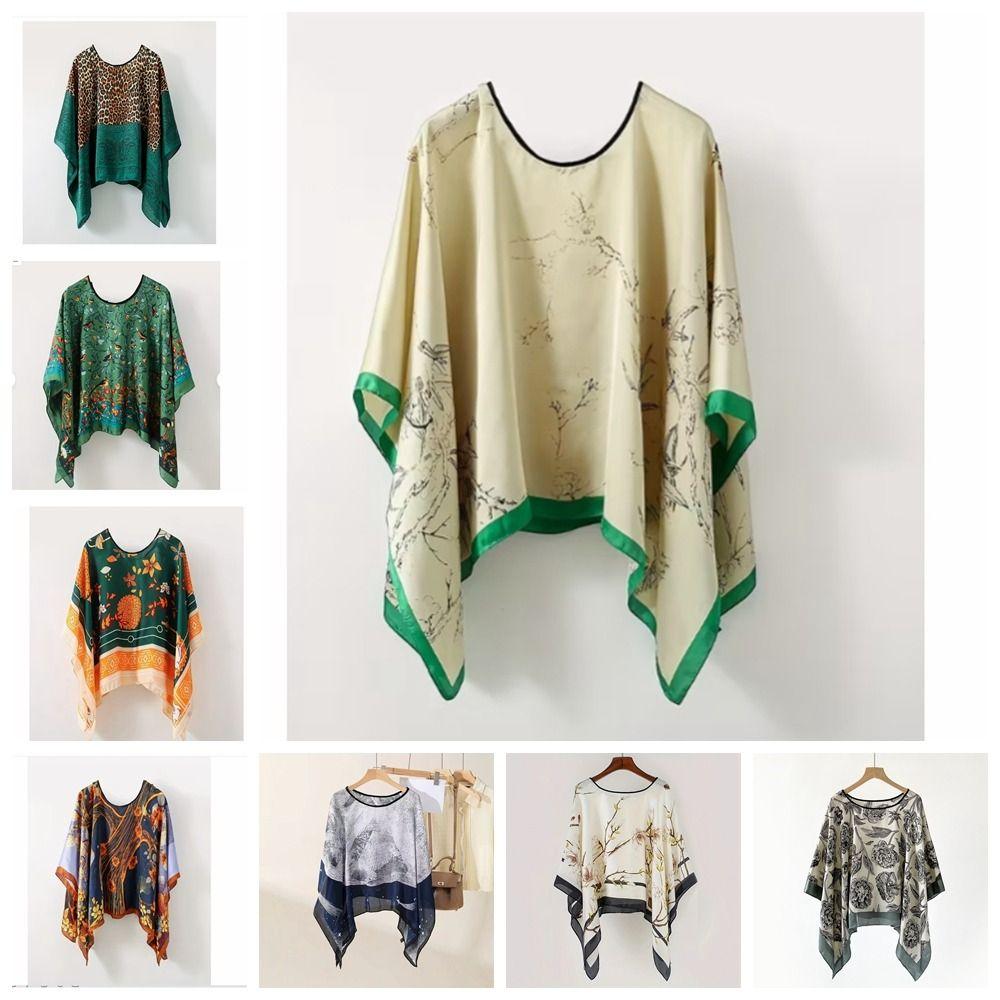 Loose Fit Poncho Cloak Thin Scarf Printed Comfortable Simulated Silk Pullover Sun Protection Polyester Versatile Scarves Women