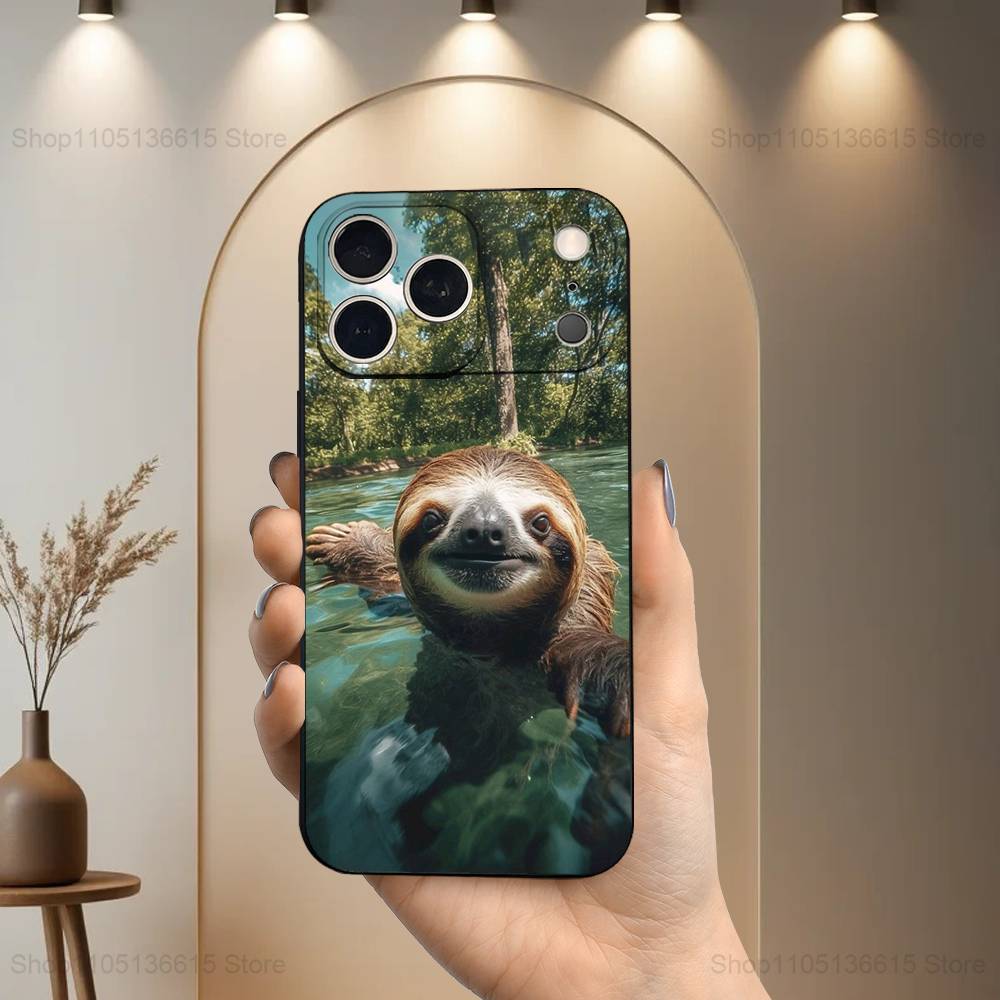 Animal Funny Sloth Cute Phone Case For iPhone 17,16,15,14,13,12,11 Plus,Pro Max,XS,X,XR,SE,Mini,8,7,Soft Silicone Black Cover
