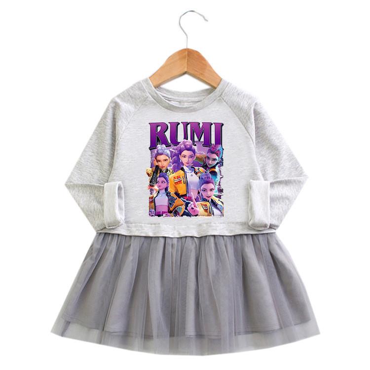 Mädchen Kpop Rumi Zoey Mira Hunters Print Langarm Falten Netz Kleid