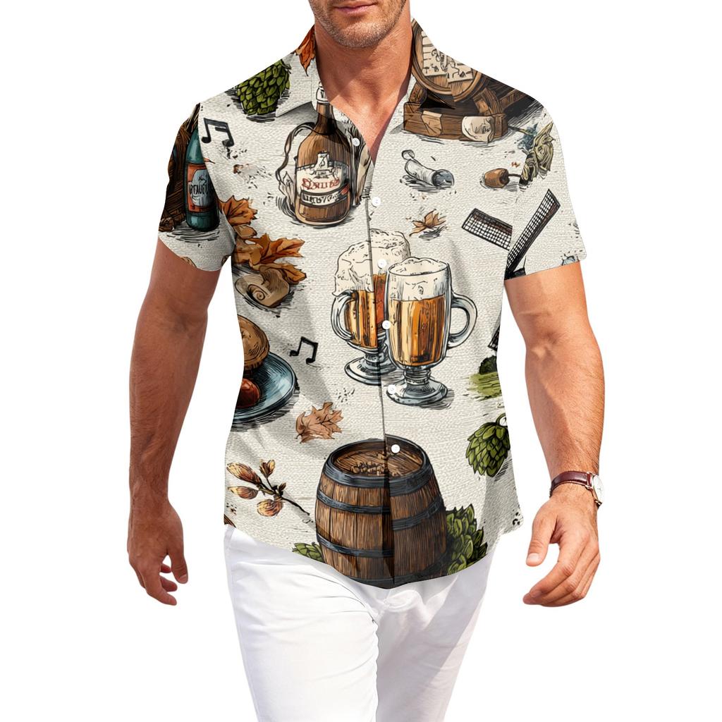 Men's Casual Short Sleeve Button Down Shirt Beer Festival Print Lightweight Breathable Fabric Relaxed Fit Summer Top
