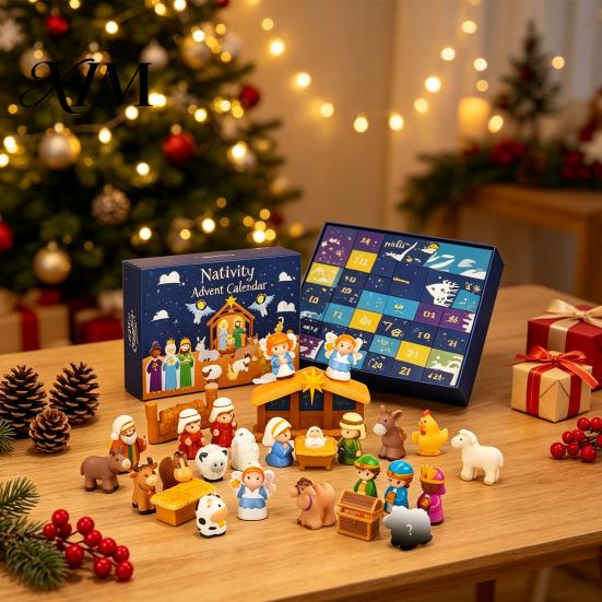 Interactive Christmas Surprise Toy 24 Days Nativity Advent Calendar for Kids, Countdown Decoration Children with Mini Figurines, Holiday