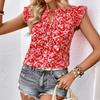 Women Sweet Stand Collar Ruffled Sleeve Flower Print Slim Fit Short Sleeve Shirt