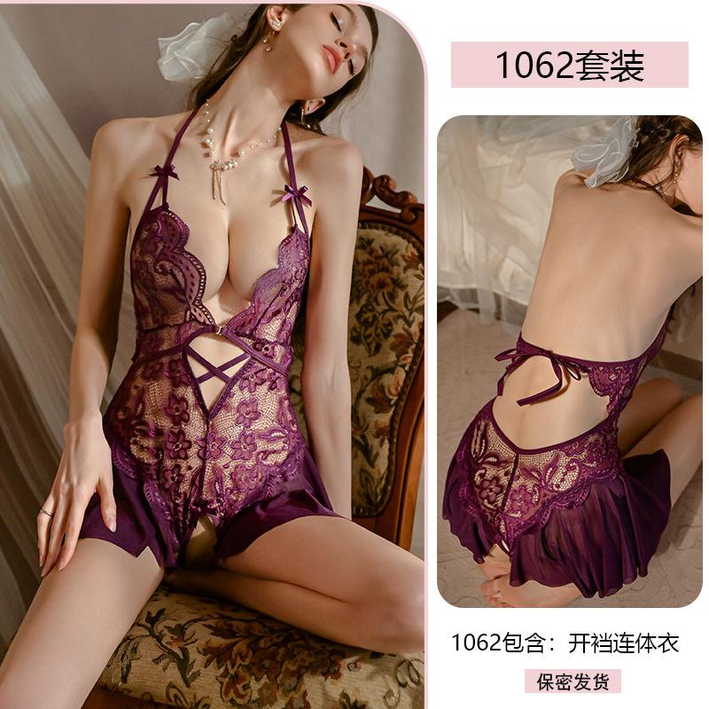 Sexy lingerie sexy lace neck seduction onesie women's crotch uniform free pajama set