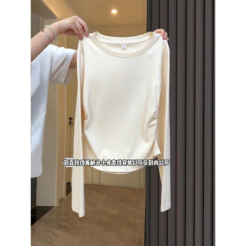 White bottoming shirt women's waist pleated top spring Spice Girl front shoulder thin inside short long-sleeved shirt
