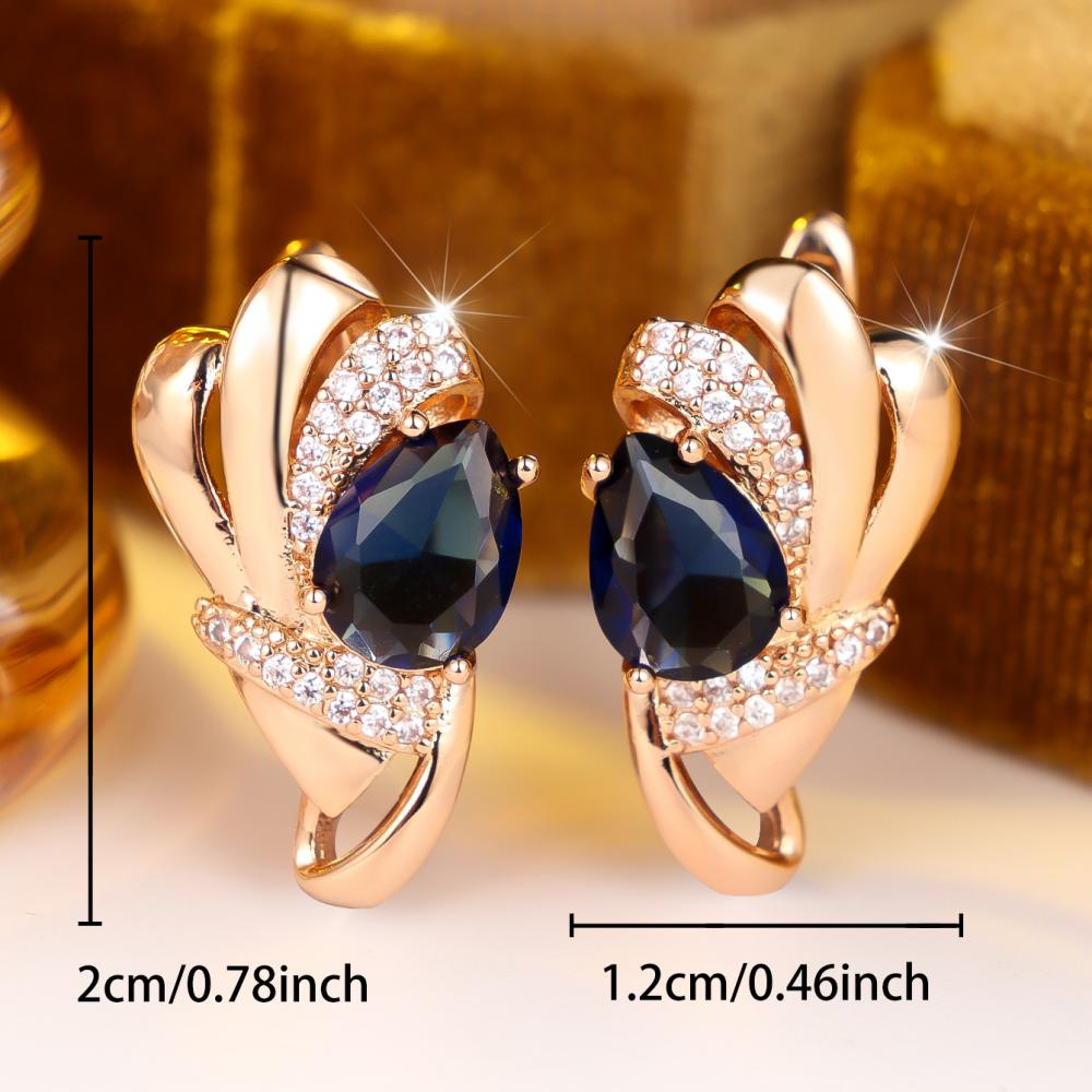 Elegant Rose Gold Color Teardrop Blue Crystal Zircon Earrings for Women Date Wear