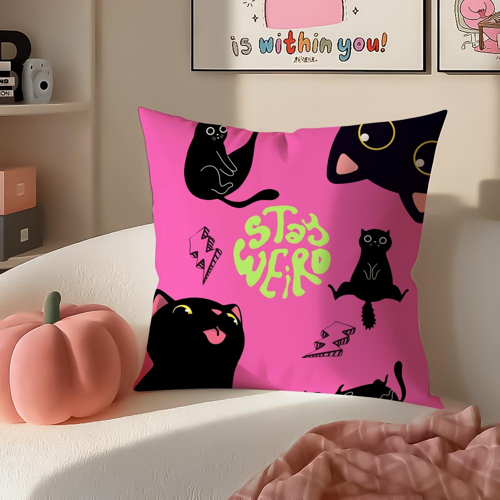 Cute Tiny Adorable Art Cartoon Little Black Cat Cushion Cover Pillowcase Short Plush Invisible Zipper Room Sofa Cushion Cover