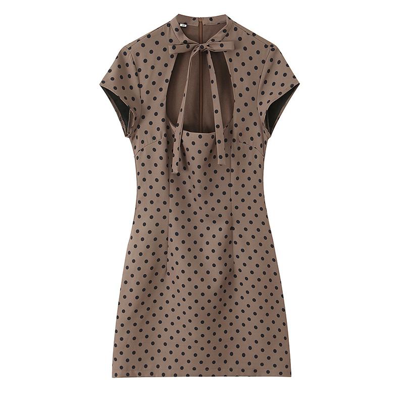 Vintage Polka Dot Dress Women 2026 Summer Hollow Out Stand Neck Short Sleeve Mini Dresses Lady New Sexy Slim Party Vestidos