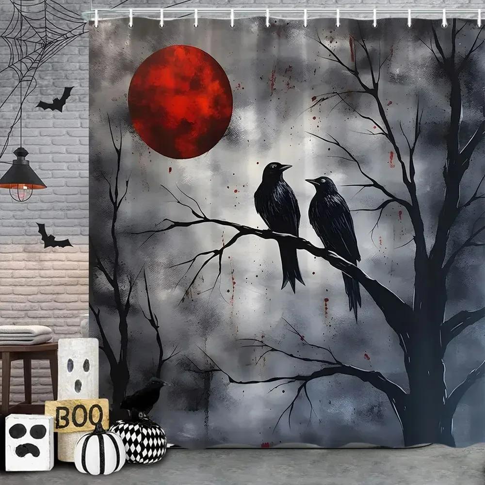 Perdea de duș de Halloween Liliac Negru Model Înfricoșător de Halloween Perdea de Duș Înfricoșător Liliac Perdea de Baie Decor Baie cu Cârlige