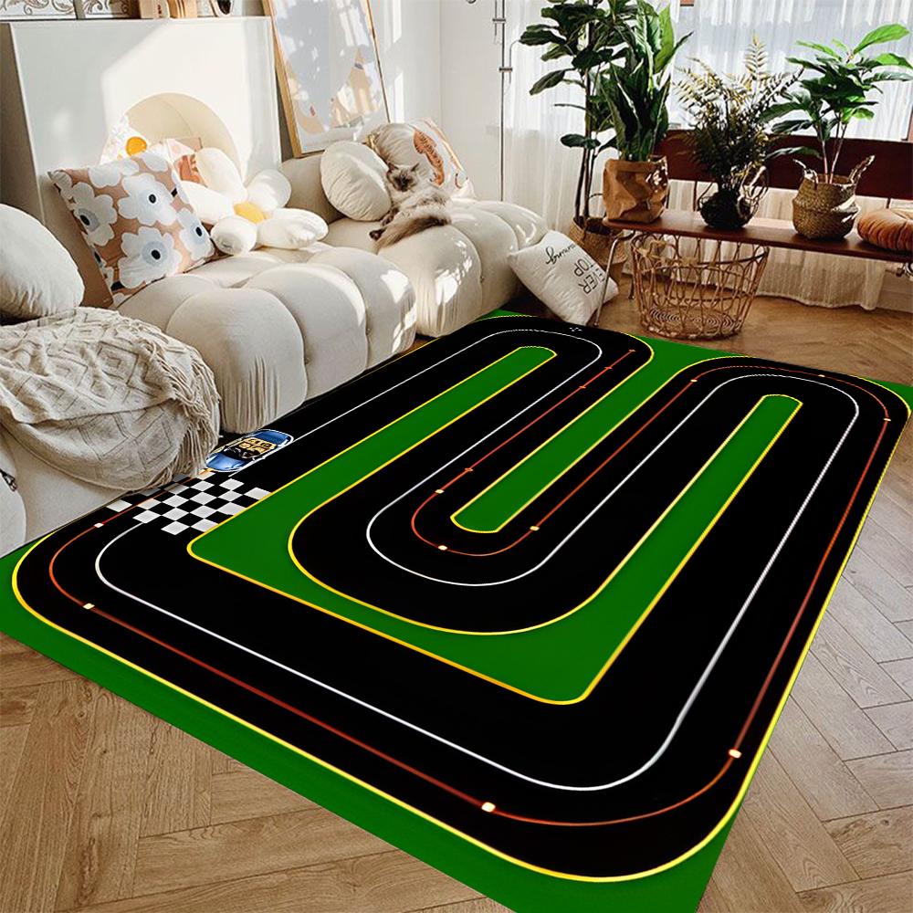 Interactive Race Track Play Rug for Kids Educational Car Play Mat Non Slip Roadway Carpet for Bedroom Playroom Game Area Decor