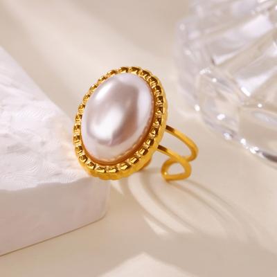 Vintage Exaggerated Fashion Pattern Inlaid with Pearls Geometric Oval Stainless Steel Ring Women's Versatile Personality Ring