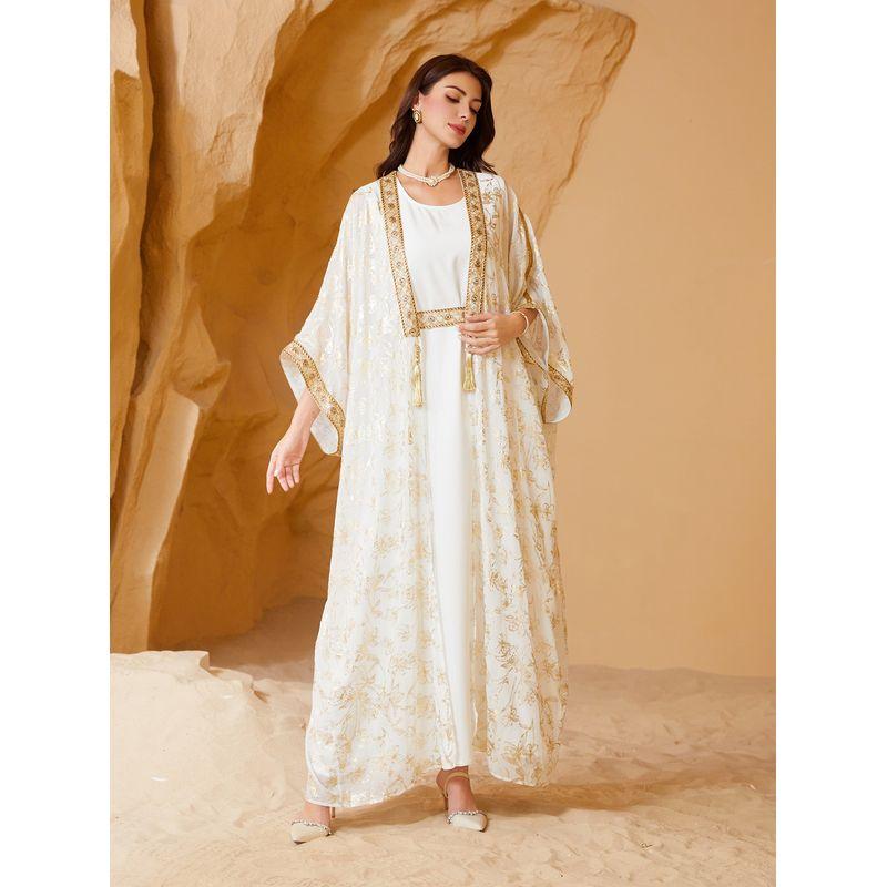 Indonesia Plus size Bronzing Cardigan Wide Sleeve Vest Base Long dress Set Robe Bat 3/4 Sleeve Tassel Suit