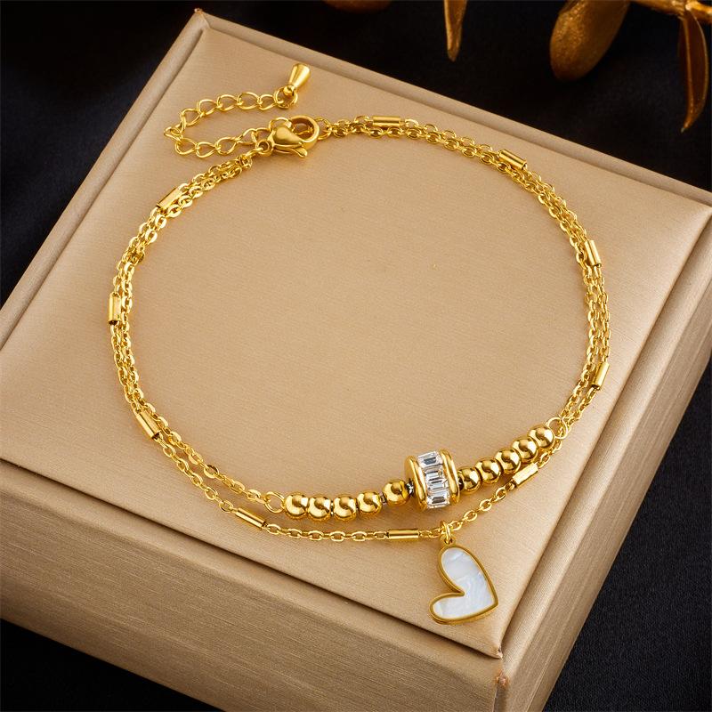 ZAKOL Stainless Steel Heart Love Anklets For Women Girl Fashion Double Layer Chains Ankle Accessories Zircon Gift