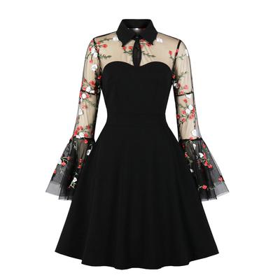 Spring and Autumn Fashion Women's Medium Long Skirt Mesh Embroidery Horn Sleeve Splicing High Waist Long Sleeve Big Swing Skirt Retro Dress