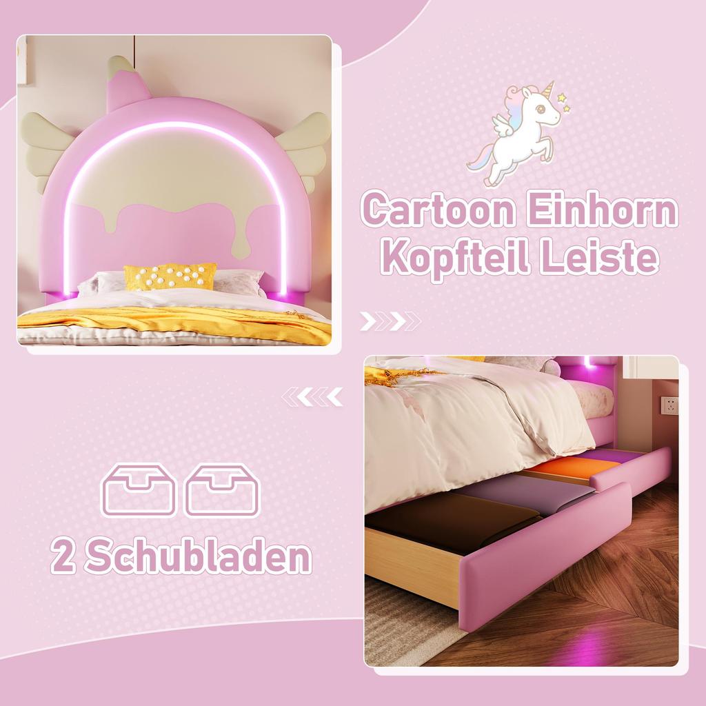 Łóżko dziecięce Flieks, łóżko tapicerowane 90x200 cm dla dziewczynki z zagłówkiem w kształcie jednorożca, 16 kolorów paska LED i 2 szuflady, różowe