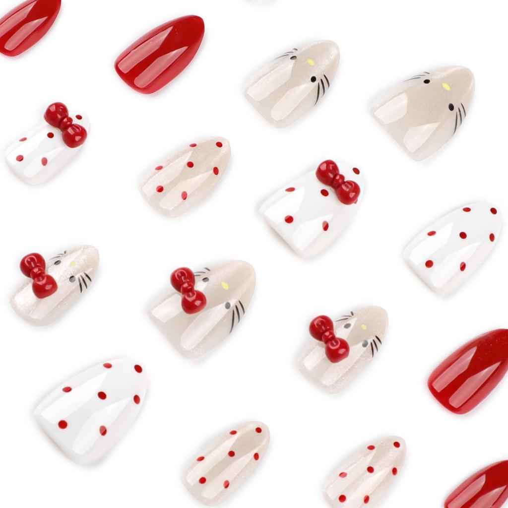 Sweet Japanese Cat Eye Press-On Nails with Cute Bow Design - Hot Selling Fake Nails