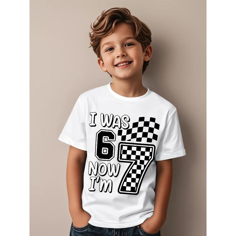 

European sizes Boys 7th Birthday T-Shirt - I Was 6 Now I m 7 Checkered 7-Year-Old Outfit, Casual Round Neck Tee Suitable for Birthday Gifts 122cm білий