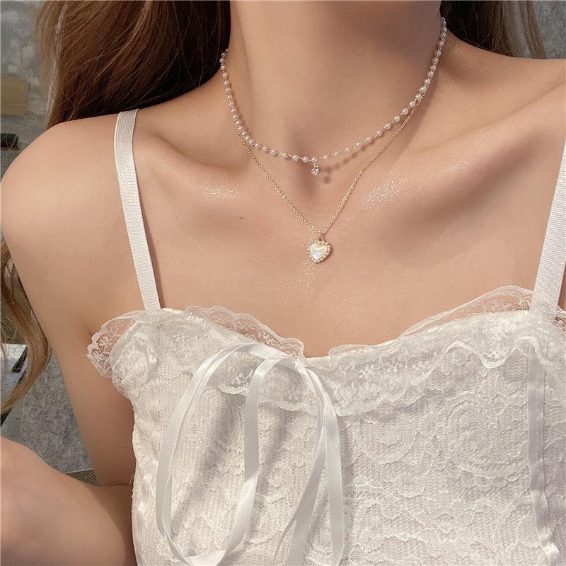 Pearl Love Double-layer Necklace Women's New Niche Design Simple and Versatile Fashion Collarbone Chain Accessories