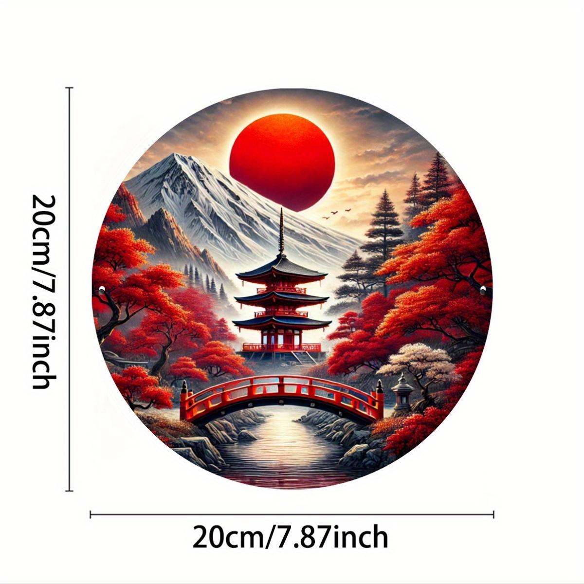 Rustic Japanese Aluminum Sign Rustic Japanese Temple Round Iron Aluminum Sign Autumn Mount Fuji Mural x inches 20x20cm(8x8inch)