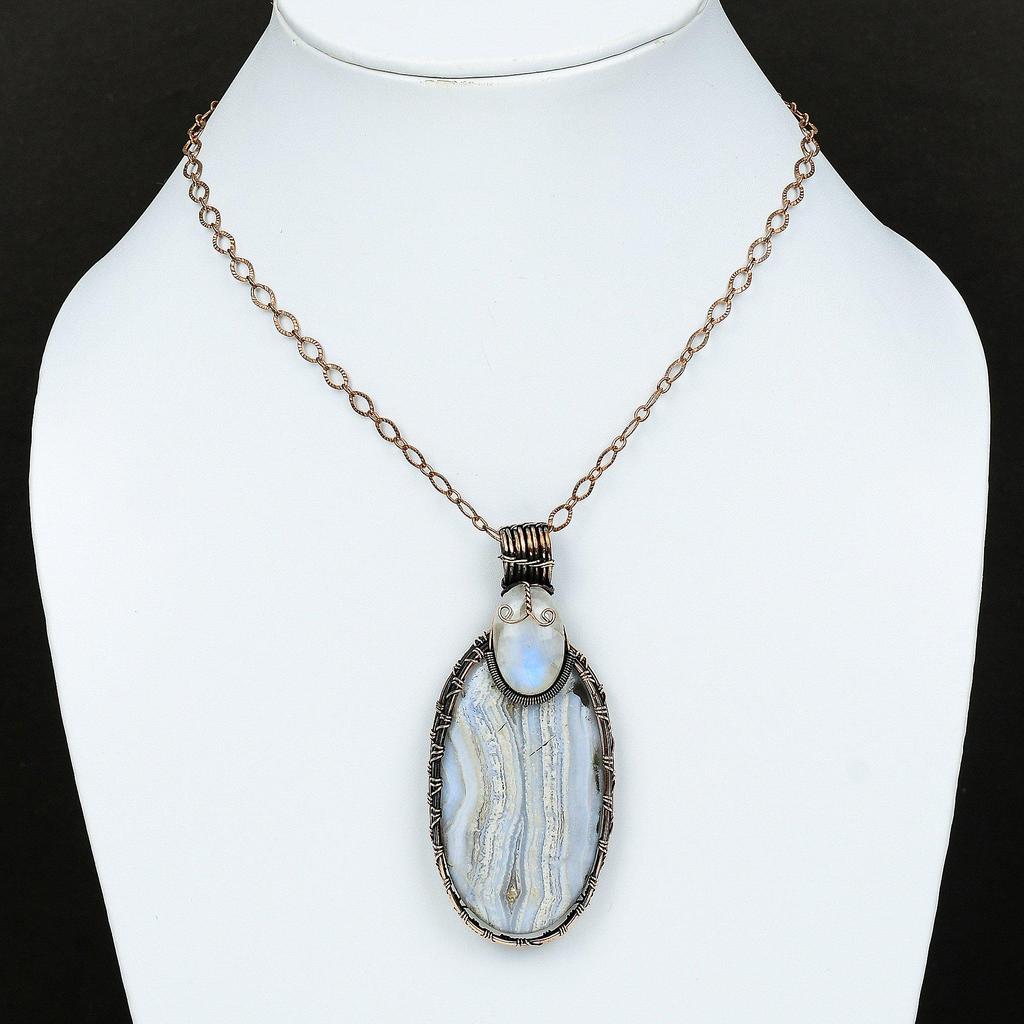 Blue Lace Agate Pendant Rainbow Moonstone Pendant Copper Wire Wrapped Pendant Handmade Jewelry Gemstone Pendant Copper Wire Wrapped Jewelry