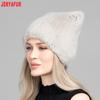 JERYAFUR Women Faux Fur Cat Ear Winter Hat, Cute Rhinestone Decor Fluffy Warm Fashion Ladies Cap for Cold Weather