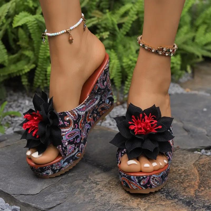 Fashion Women's Large Size Slippers Wedge Heel Flower 10.5cm Heel High Shoes Women Leisure Dress Roman Office Lady Zapatillas De Mujer