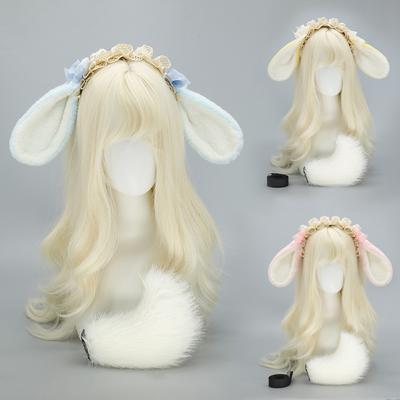 New Fancy Lolita Rabbit Ear Headband Bow White Bunny Alice Headwear Cute Animal Ear Plush Headpiece Daily Party Wearing