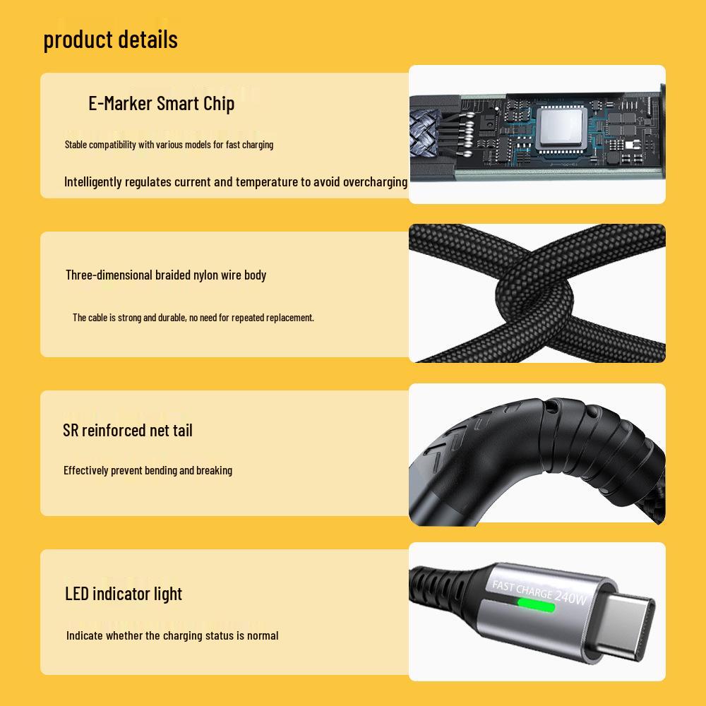 240W Dual USB-C Fast Charging Cable with LED Light for Apple, Android, Huawei Devices.