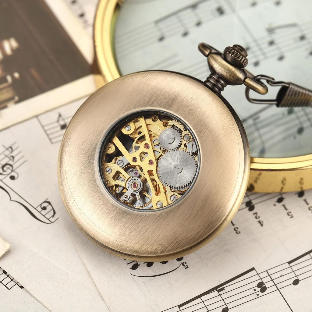 Vintage luxury wooden ring skeleton pocket watch flip Roman numeral manual winding mechanical pocket watch reloj de bolsillo