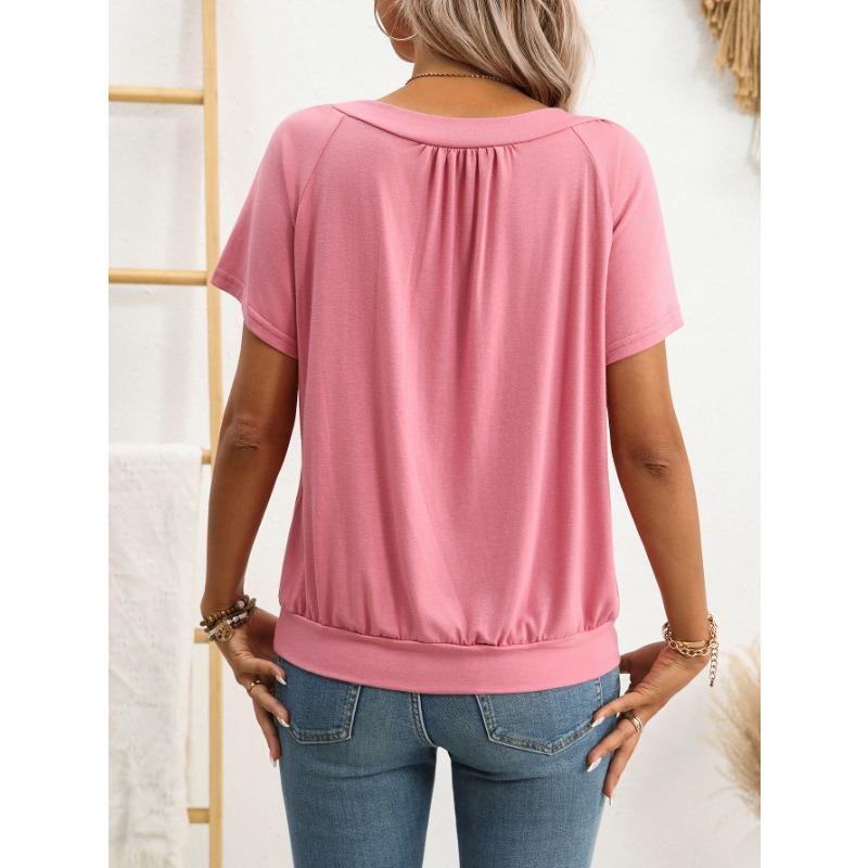 Summer Women's V-neck Pleated Loose Short Sleeved Fashion T-shirt for Women Shirt
