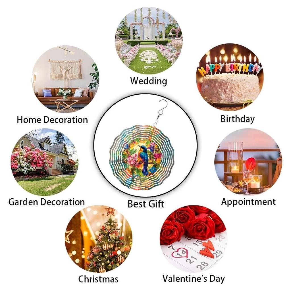 Vibrant Hummingbird & Floral 3D Stainless Steel Wind Spinner - 19.99cm Colorful Metal Sculpture for Indoor/Outdoor Garden Decoration, Battery-Free