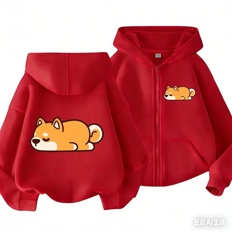 Sleeping Shiba Inu Front Back Print Zip Up Hoodie Kids Long Sleeve Lightweight Autumn Casual Cartoon Animal Children Outerwear
